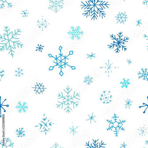 Collection of Christmas snowflakes, modern flat design. Seamless pattern. Endless texture. Can be used for printed materials. Winter holiday background. Hand drawn design elements. Festive card.