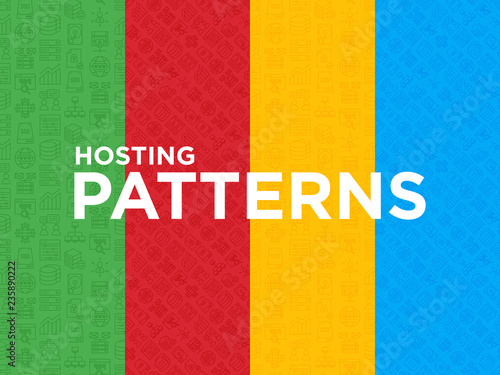 Four different Hosting seamless patterns with thin line icons: VPS, customer support, domain name, automated backup, SSD, control panel, secure server, local network. Vector illustration.