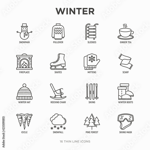 Winter thin line icons set: fireplace, skates, mittens, snowflake, scarf, snowman, pullover, sledges, rocking chair, skiing, icicle, snowfall. Modern vector illustration.