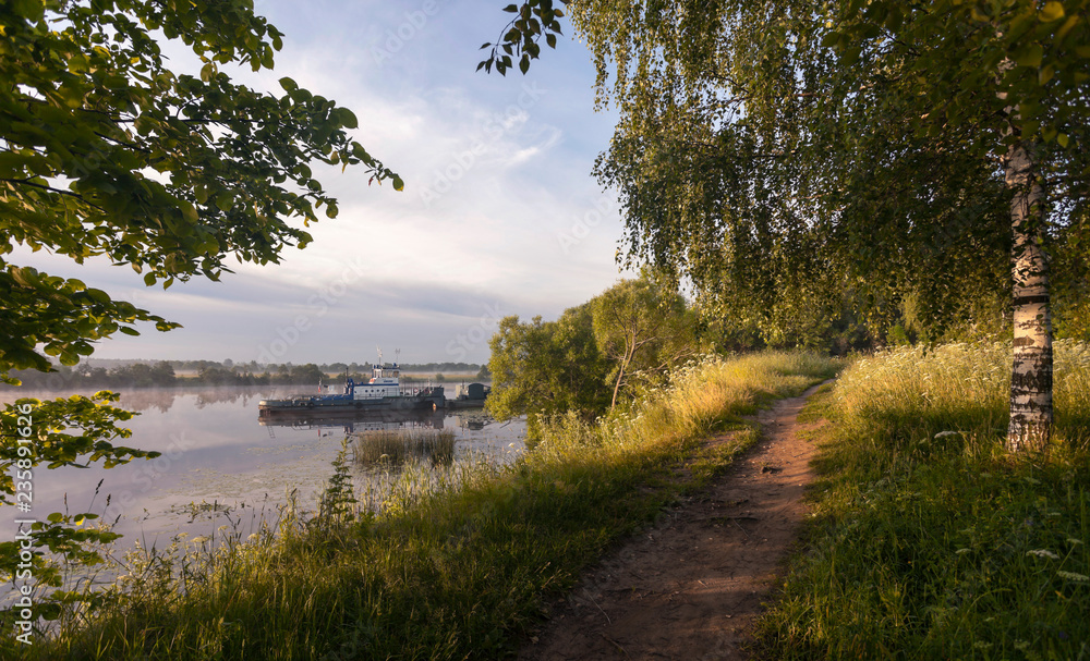 the footpath passing across the river bank among birches the footpath passing across the river bank among birches