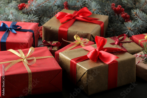 New Year. Christmas. holidays. holiday gifts and new year decor on a dark background close-up © MK studio