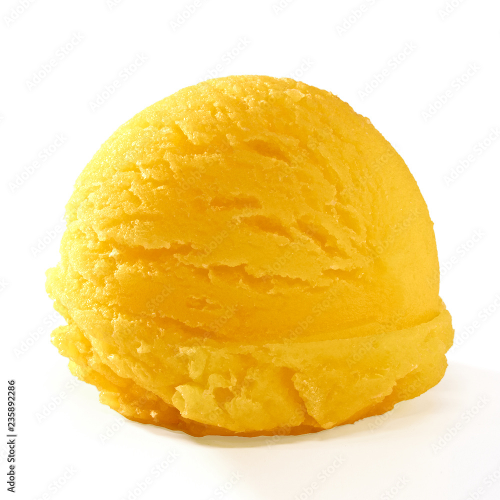 Mango ice cream scoop side view isolated on white background Mango ice cream scoop side view isolated on white background