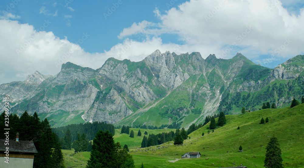 Das Alpsteinmassiv/ Bergwelt in der Schweiz; Blick auf das Alpsteinmassiv, steile Felsen, Bergwiesen, blauer Himmel und weiße Wolken