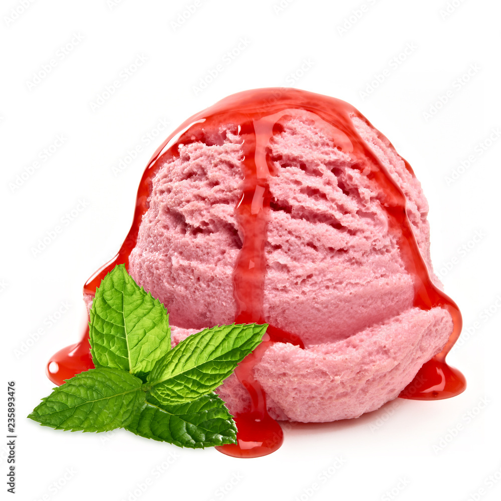 Strawberry Ice Cream Scoop with sauce or sorbet side view Isolated On White Background Strawberry Ice Cream Scoop with sauce or sorbet side view Isolated On White Background