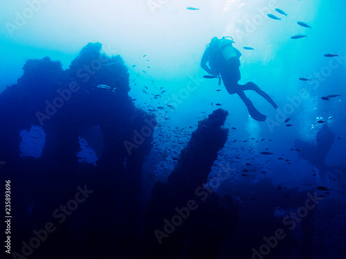 people diving on the remains of a wrecked ship