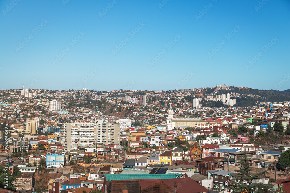 Aerial view of Valparaiso and Las Carmelitas church from Plaza Bismarck at Cerro Carcel Hill - Valparaiso, Chile