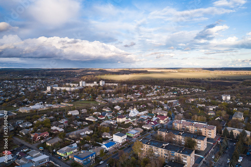 Fototapeta Naklejka Na Ścianę i Meble -  Aerial: Small town of Kamianka in Ukraine, autumn time