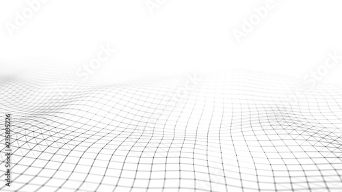 Wave of particles on white background. Abstract interlacing lines and points. Digital connection of elements. Imitation waves.