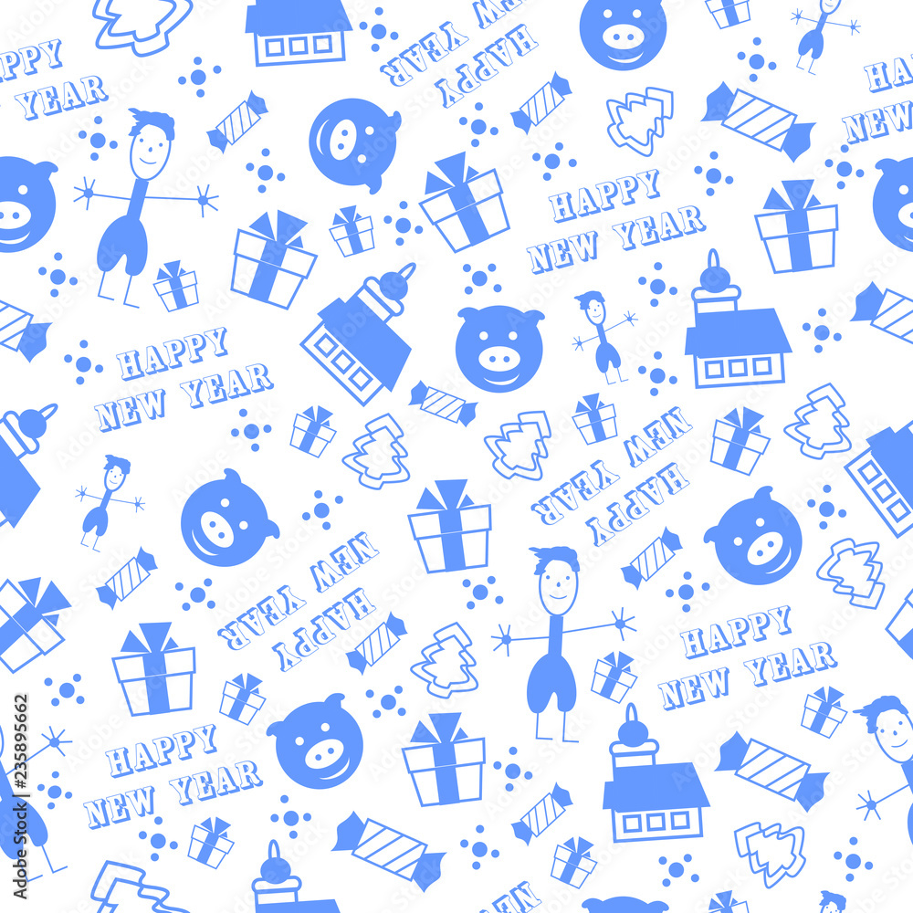 Happy New Year seamless pattern with stars, present, sweets and little boy. Winter holiday backgrounds for design. Vector illustration Happy New Year seamless pattern with stars, present, sweets and little boy. Winter holiday backgrounds for design. Vector illustration