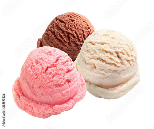 Strawberry, vanilla, chocolate different flavor ice cream scoops side view on white background