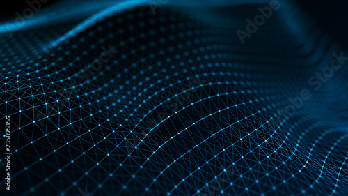 Abstract futuristic wave background. Wave of particles. Wave with connecting dots and lines. 3d rendering.