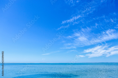 Beautiful blue sea water & vibrant sky with fluffy white clouds in summer.Beauty of nature for background design