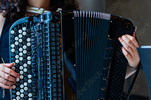Konstfotografi Close-up musician playing the accordion on the stage