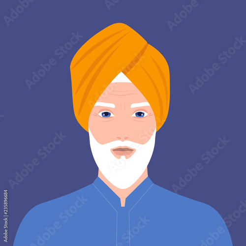 Portrait of an old man. The head of a Sikh with a beard in a turban. Portrait in traditional costume. Vector flat illustration