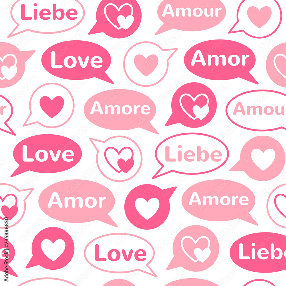 Valentines day simple seamless repeat vector pattern, background. Speech  bubbles, clouds with hearts and word LOVE in different languages: english,  french, german, italian, spanish. Flat design. Stock Vector | Adobe Stock