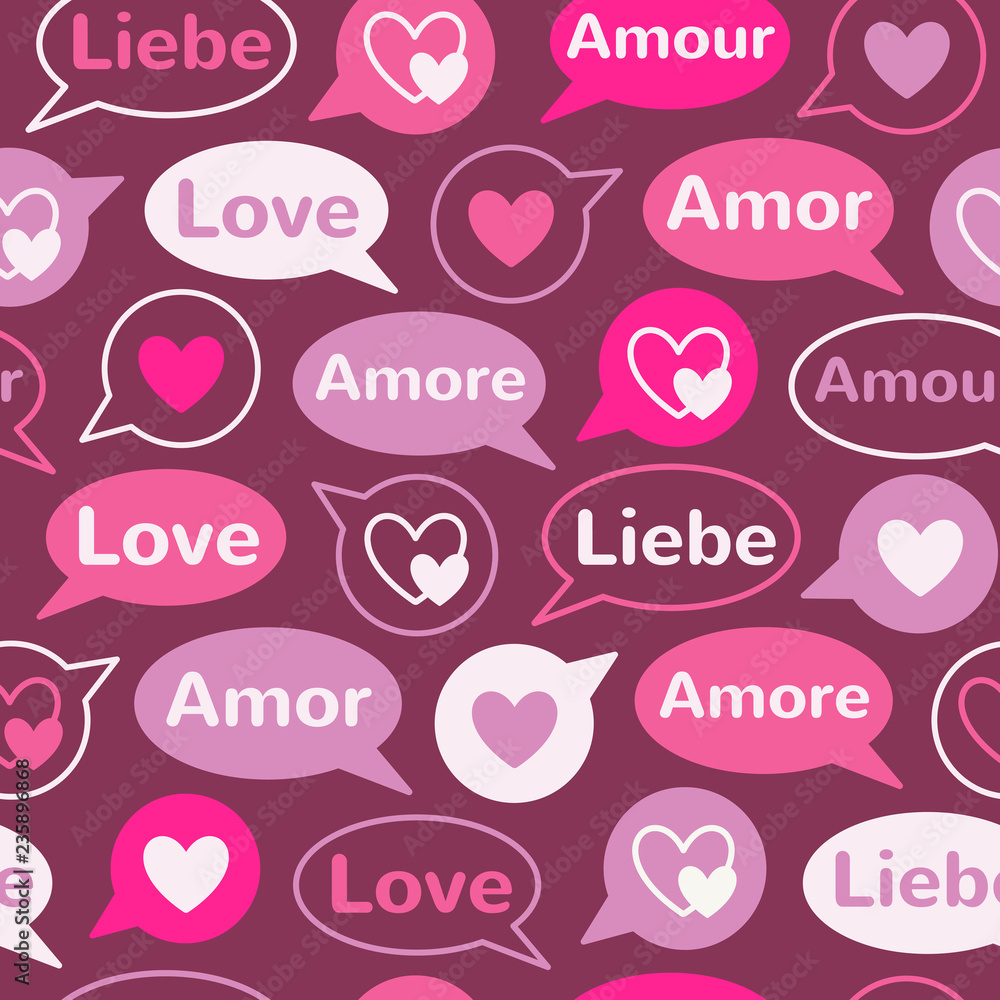 Valentines day simple seamless repeat vector pattern, background. Speech bubbles, balloons with hearts and word LOVE in different languages: english, french, german, italian, spanish. Flat design.