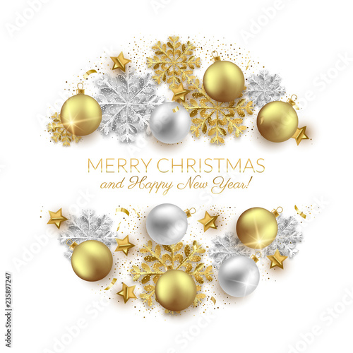 Merry Christmas New Year background design, decorative baubles and glitter snowflakes frame, vector illustration