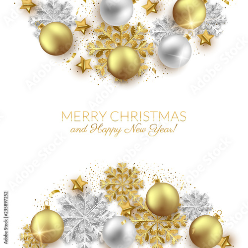 Merry Christmas New Year background design, decorative baubles and glitter snowflakes frame, vector illustration