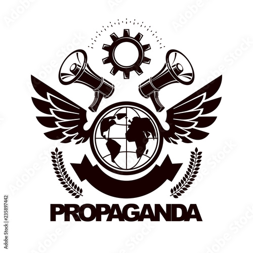 Advertising leaflet composed with loudspeakers and Earth globe surrounded by engineering cog wheel. Proletarian revolution abstract vector illustration. Power of global information.