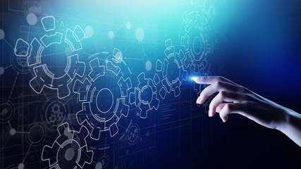 Gears mechanism on virtual screen. Automation and business process flow. Business and technology concept.