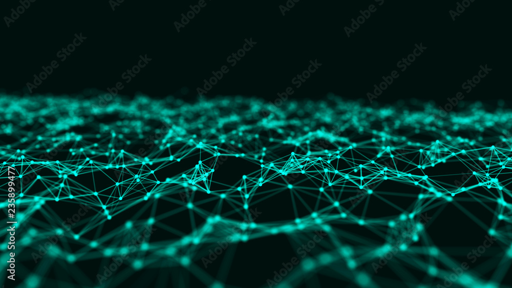 Obraz premium Abstract interweaving of points and lines of green shade. Visualization of particles form of waves. Large data background .3d rendering.