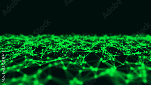 Abstract interweaving of points and lines of green shade. Visualization of particles form of waves. Large data background .3d rendering.
