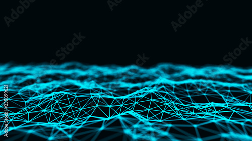 Abstract interweaving of points and lines of green shade. Visualization of particles form of waves. Large data background .3d rendering.