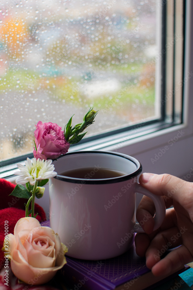Cozy Still Life Mug Of Hot Tea Books And Flowers With Warm Plaid On Windowsill Rainy Day Outside Reading Autumn And Winter Mood Stock Photo Adobe Stock