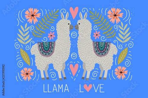 Cute couple llamas with flowers and lettering  template for card and your design. Hand drawing flat doodles vector Illustration