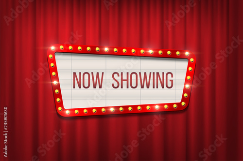 Vector retro cinema announcement board with bulb frame on red curtains background.