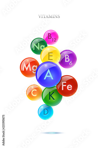 Falling colorful vitamin balls isolated on white background. Vector pharmacy illustration.