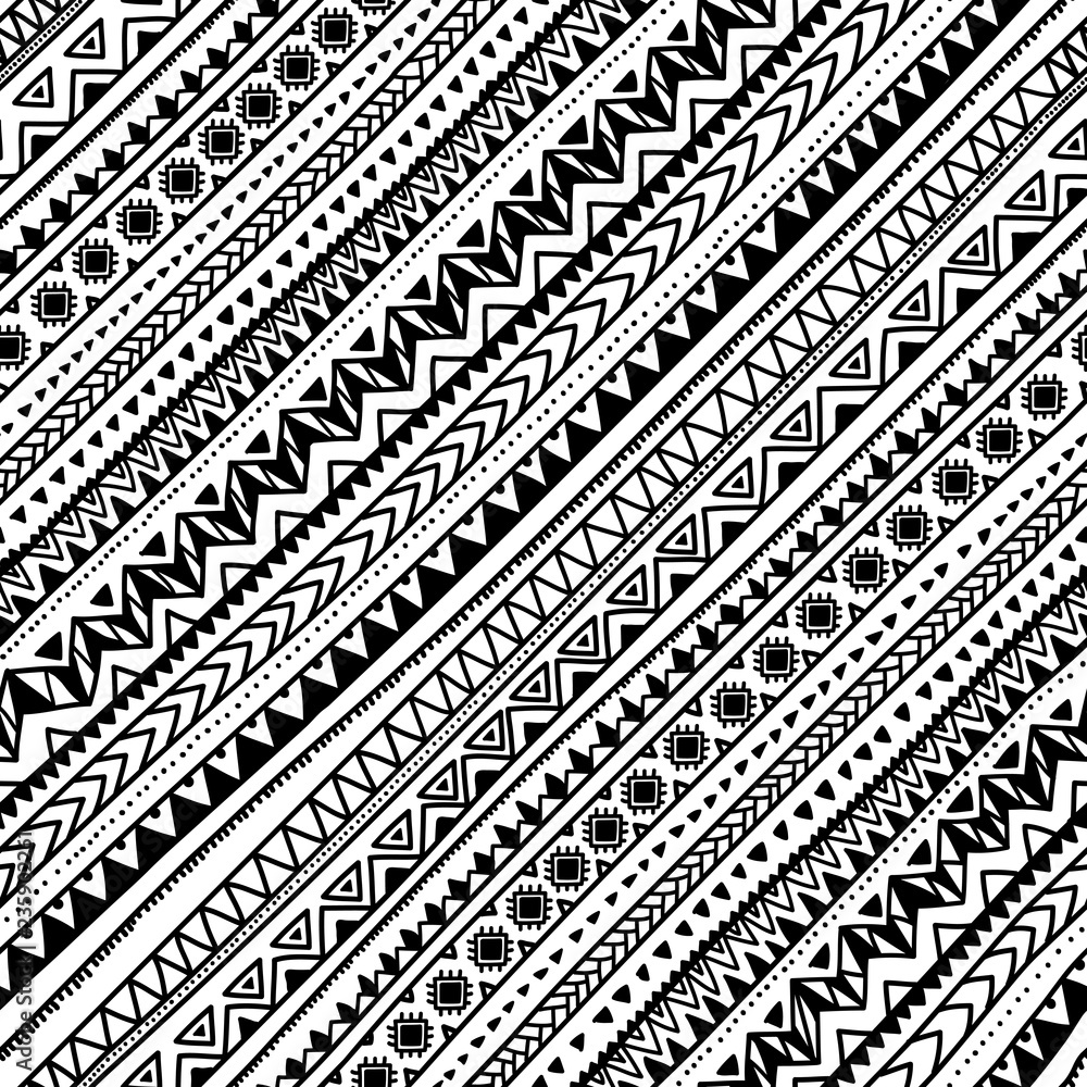 Black and white seamless ethnic background. Vector illustration. Drawing by hand.