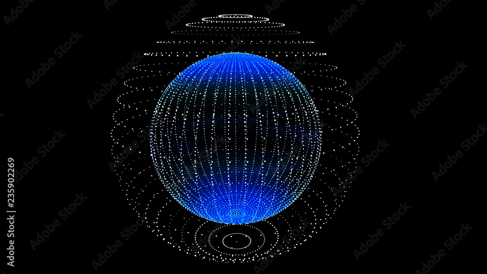 Abstract three-dimensional sphere of blue dots on dark background. Rough wave shape. Partial particles. 3D abstract noisy pulsating sphere. 3d rendering. Abstract three-dimensional sphere of blue dots on dark background. Rough wave shape. Partial particles. 3D abstract noisy pulsating sphere. 3d rendering.