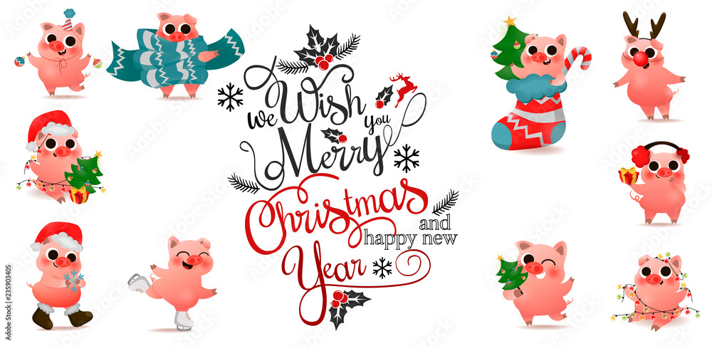 Happy Chinese New Year of pig set with christmas lettering text logo design