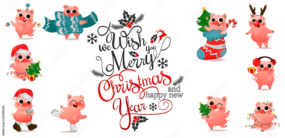 Happy Chinese New Year of pig set with christmas lettering text logo design Happy Chinese New Year of pig set with christmas lettering text logo design