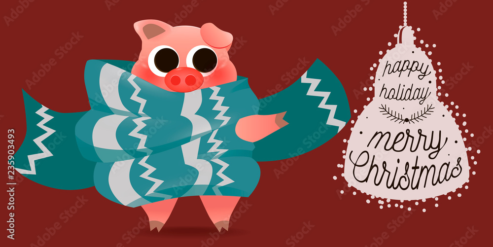 Cartoon New Year's piglet standing in scarf poster card lettering text logo design,