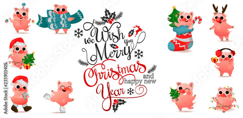 Happy Chinese New Year of pig set with christmas lettering text logo design