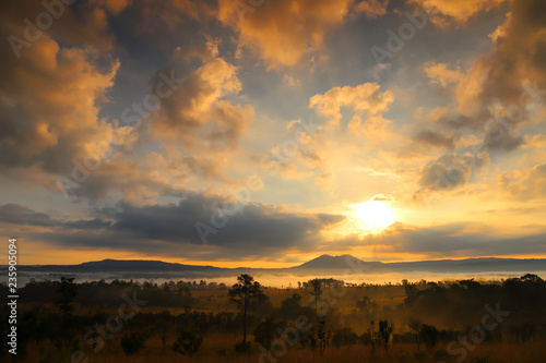 Beautiful forest landscape of foggy sunrise and clouds in Thung salaeng Luang National Park (Nong Mae na), Thailand