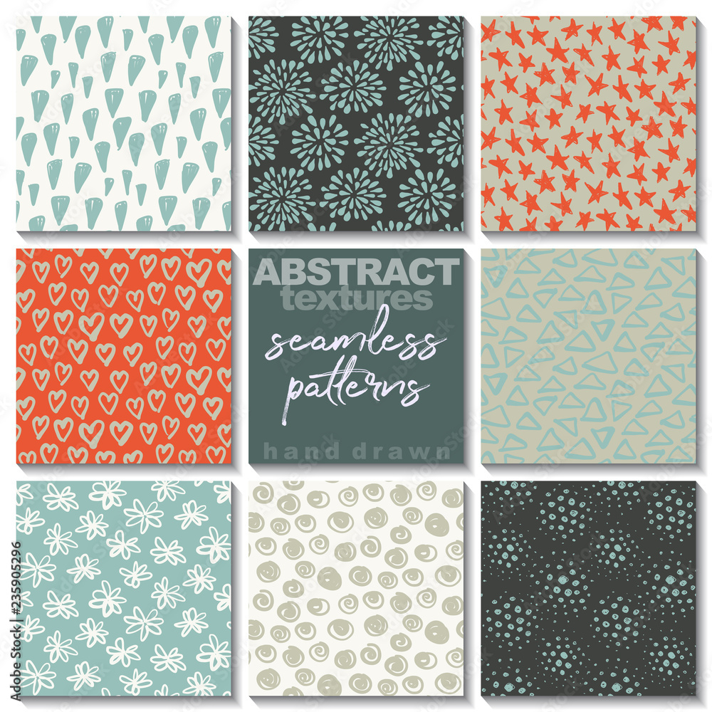 Set of eight hand drawn ink seamless patterns. Set of eight hand drawn ink seamless patterns.