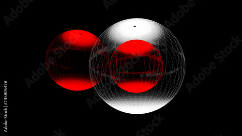 Abstract glossy sphere of red and white tint on dark background. Particles. 3D abstract noisy pulsating sphere. 3d rendering.