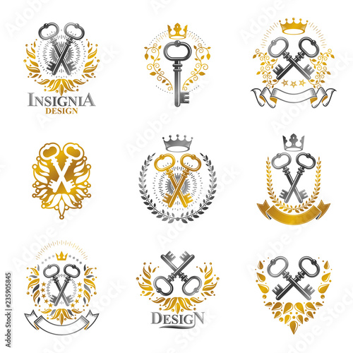 Old Turnkey Keys emblems set. Heraldic vector design elements collection. Retro style label  heraldry logo.