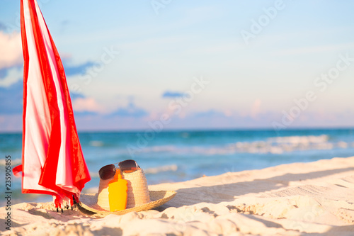 Photography Beach accessories on sand for summer vacation concept
