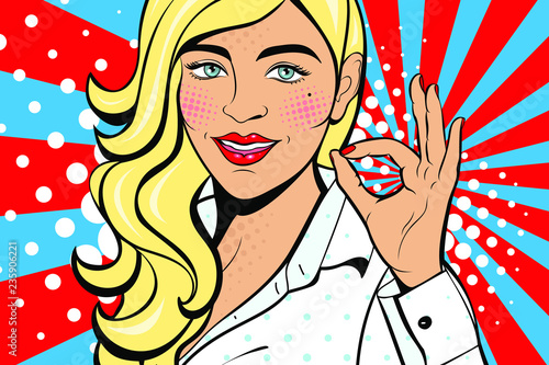 Sexy pop art woman with squinted eyes and open mouth. Vector background in comic style retro pop art. Invitation to a party. Face close-up.