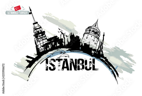 The Maiden's Tower (Kiz Kulesi) and Galata Tower. Istanbul, Turkey city design. Hand drawn illustration.