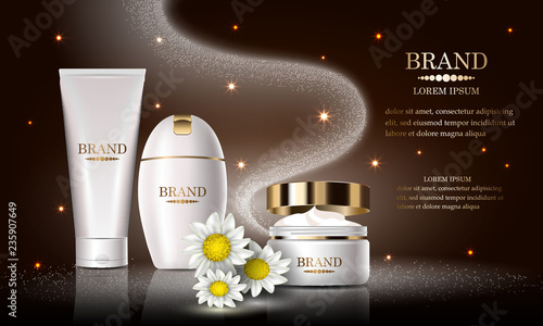 Cosmetics beauty product set, premium body spa cream shampoo for skin care, template for design poster, cosmetic presentation, banners mockup, vector illustration.