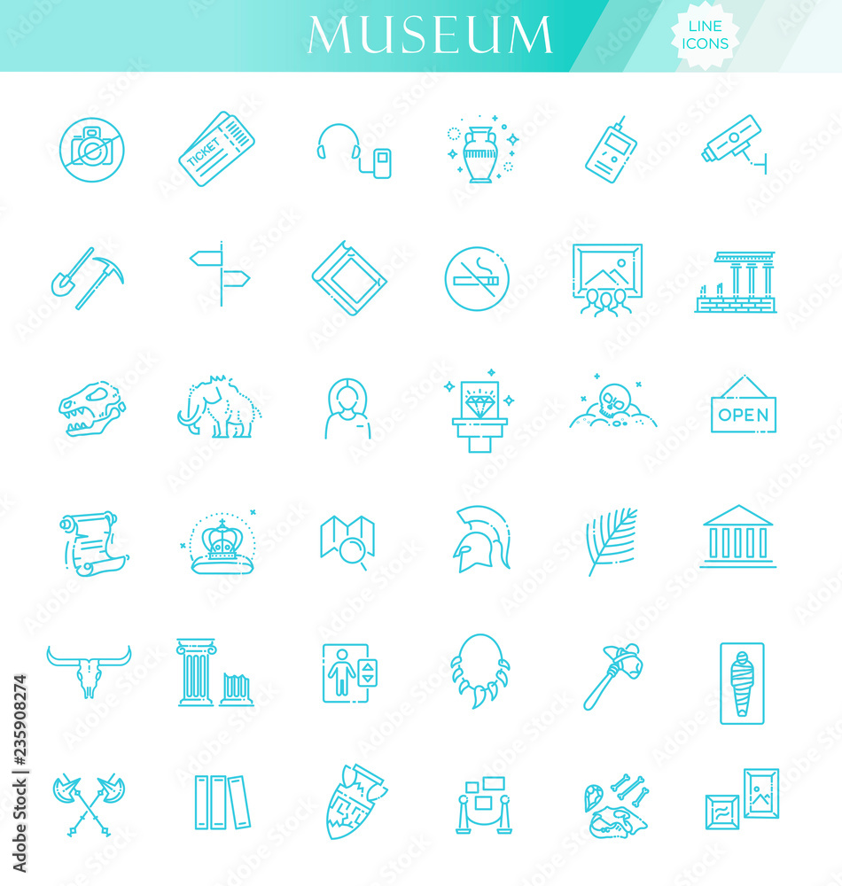 museum icons set. museum exhibits collection. Thin line design