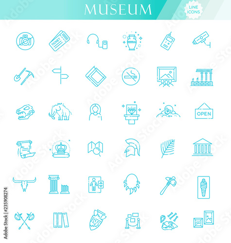 museum icons set. museum exhibits collection. Thin line design