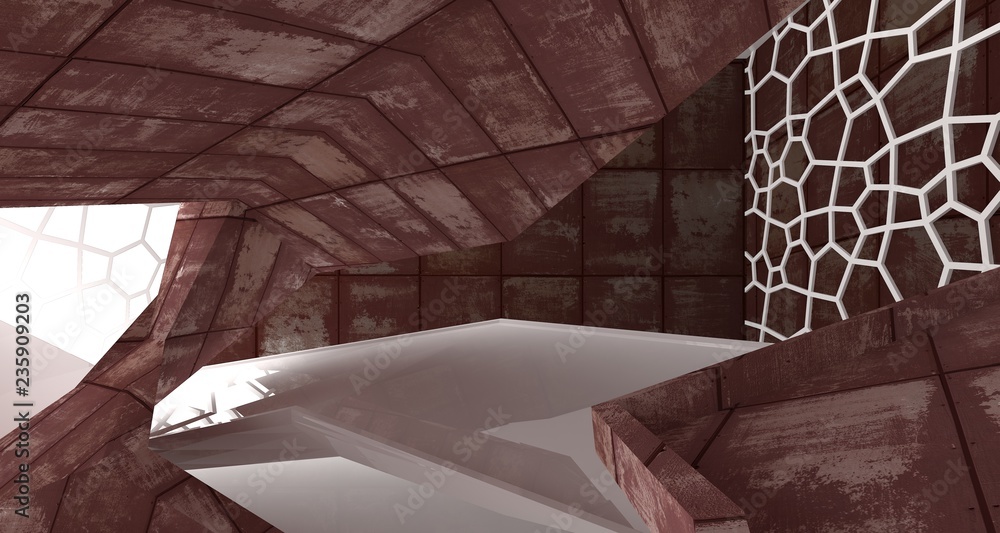 Empty abstract room interior of sheets rusted metal. Architectural background. 3D illustration and rendering Empty abstract room interior of sheets rusted metal. Architectural background. 3D illustration and rendering