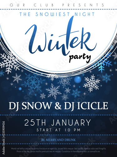 Vector illustration of winter party poster with hand lettering label - winter - with snowflakes