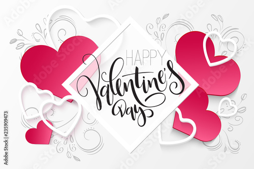 Vector illustration of valentine's day greetings card template with hand lettering label - happy valentine's day - with a lot of heart shapes and doodle flowers